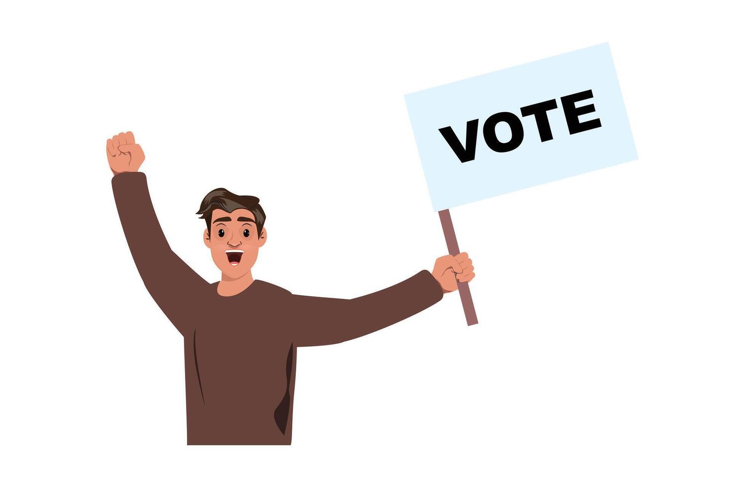 Enthusiastic man raising his fist, holding a shield that says Vote, representing support for democracy vector