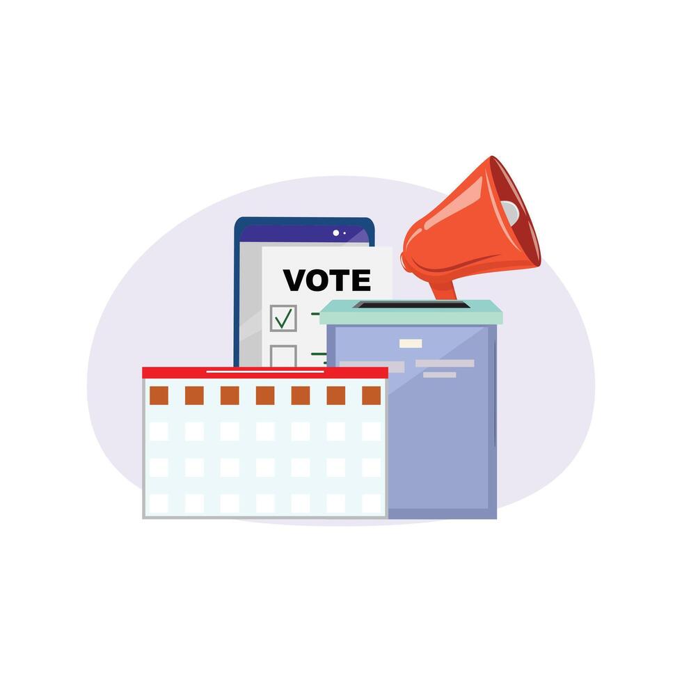 Election concept with a voting box, megaphone, and date reminder, encouraging democratic engagement vector
