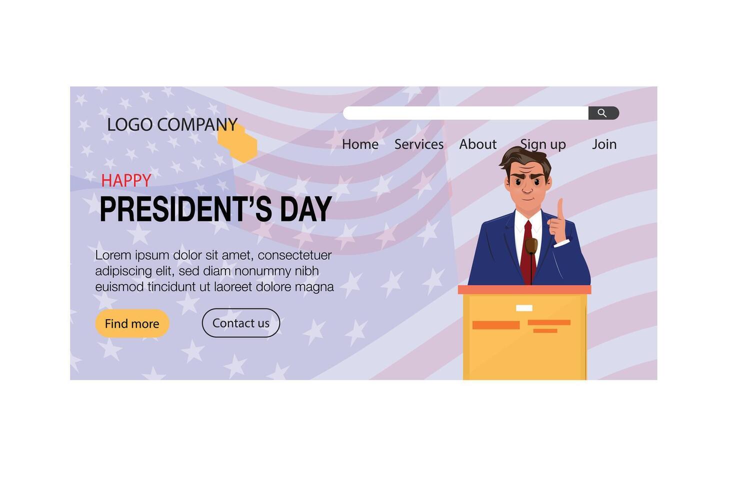 Website header with a speaker in a suit celebrating Presidents Day with patriotic theme vector