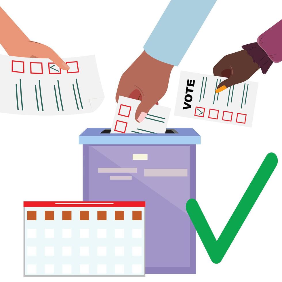 Multiple hands from different ethnicities dropping voting papers into a ballot box. Calendar and megaphone emphasize the importance of voting day vector
