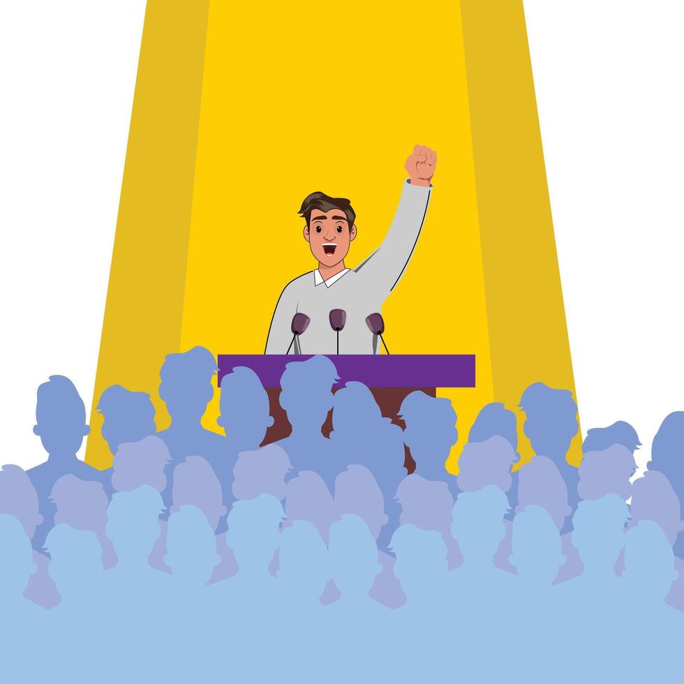 Political rally with a male candidate delivering a speech to a cheering audience from a podium vector