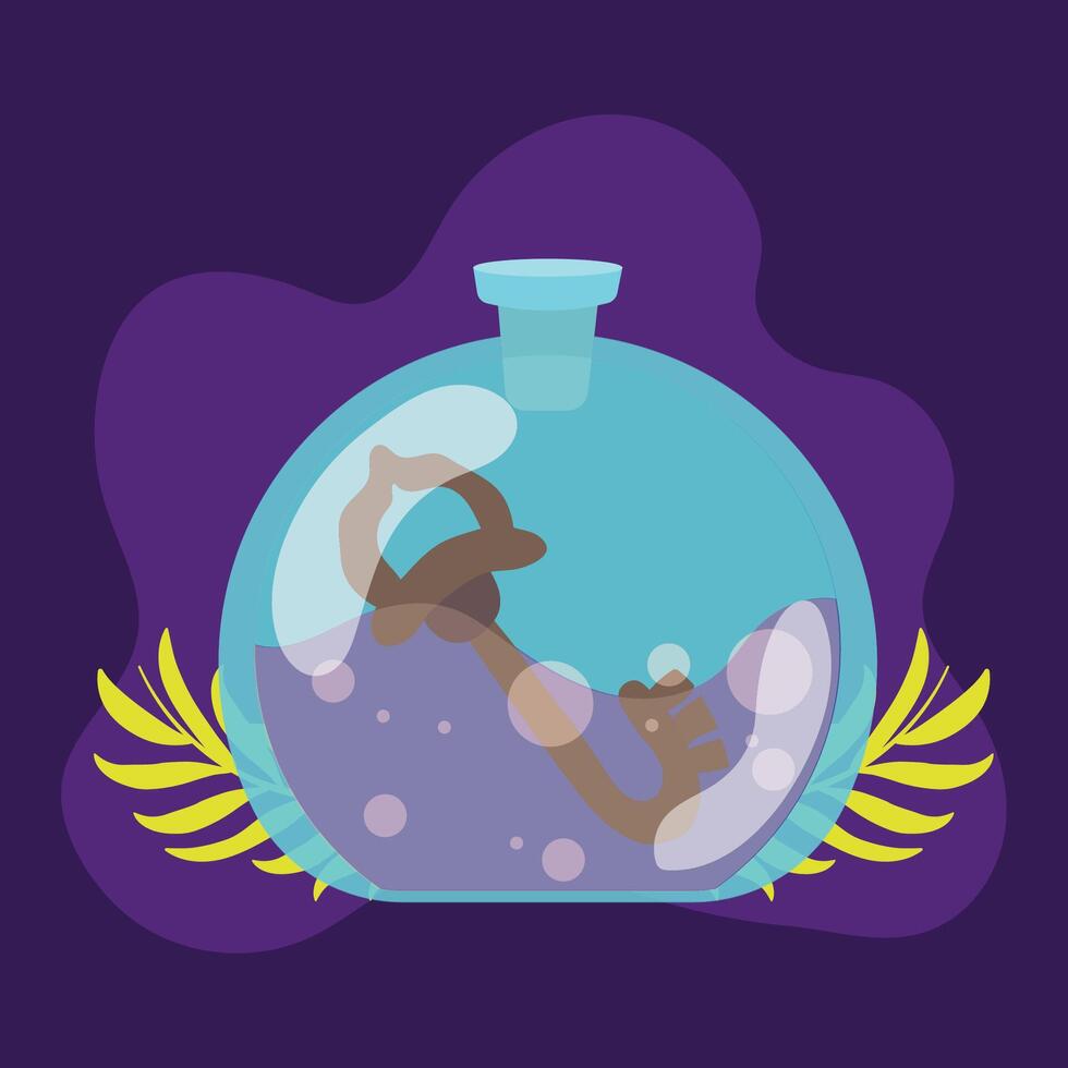 Potion bottle with antique key on dark background vector