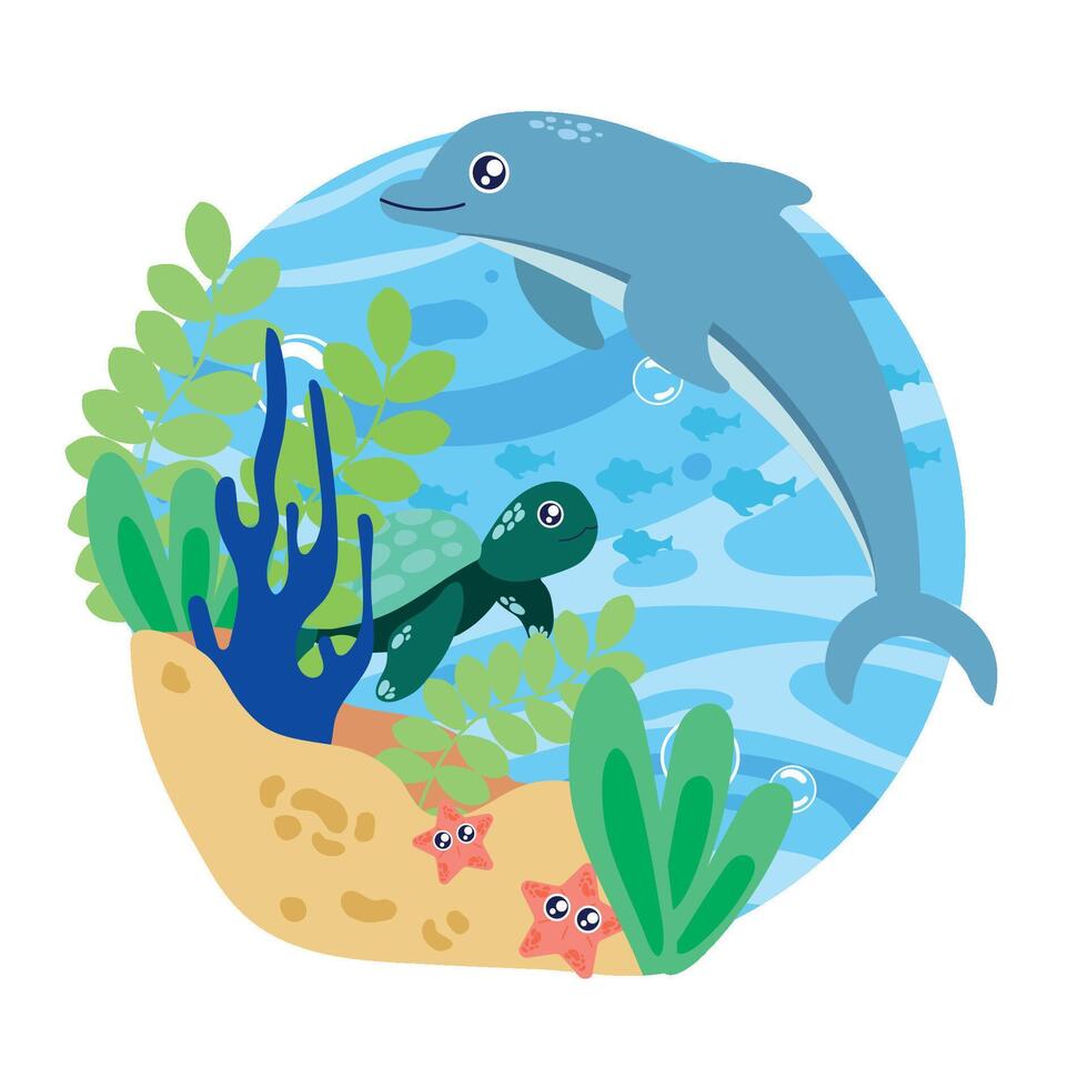 Cute dolphin with sea creatures in ocean scene vector