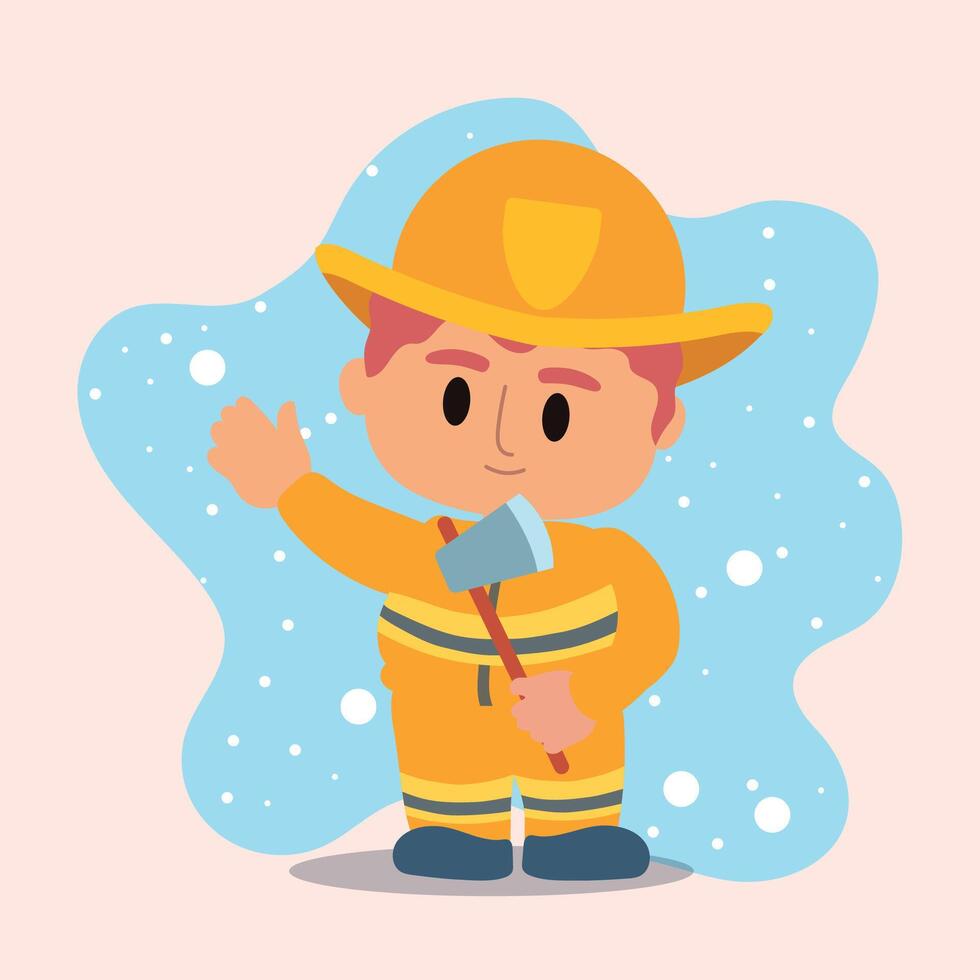 Cartoon firefighter holding axe and smiling, vector