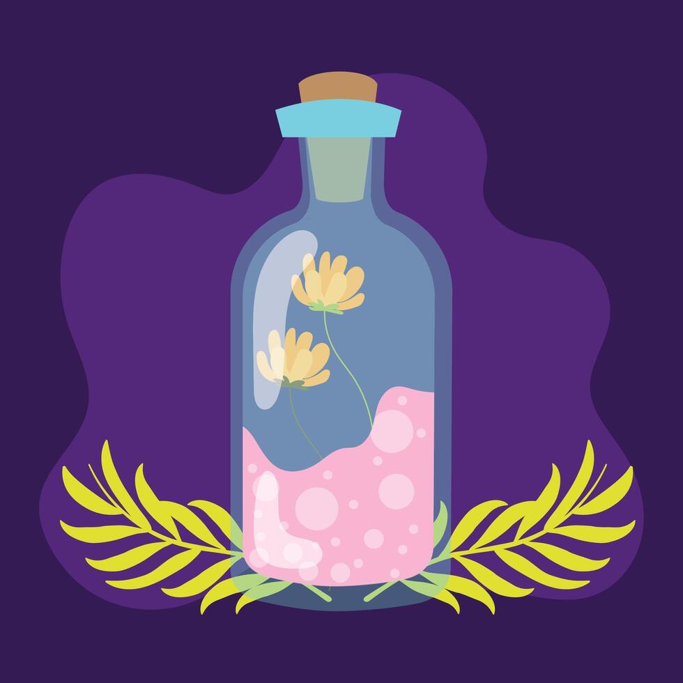 Potion bottle with flowers on dark background vector