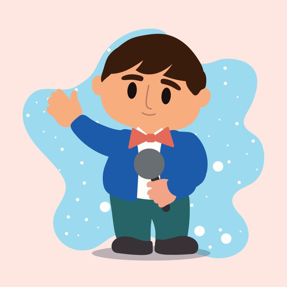 Cartoon news reporter with microphone and red bow tie, vector