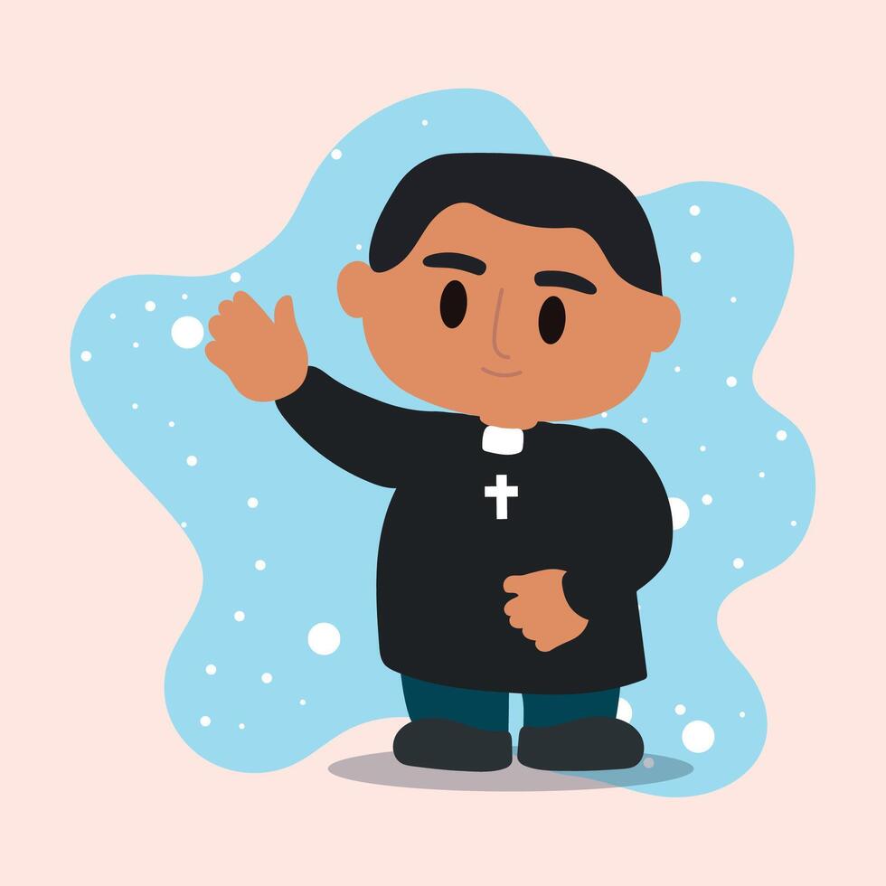 Cartoon priest in black robe smiling and waving, vector