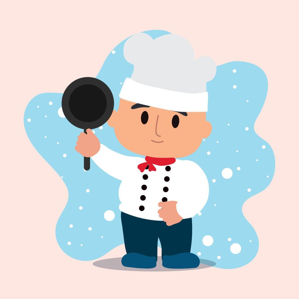 Cartoon chef holding a frying pan and waving, vector