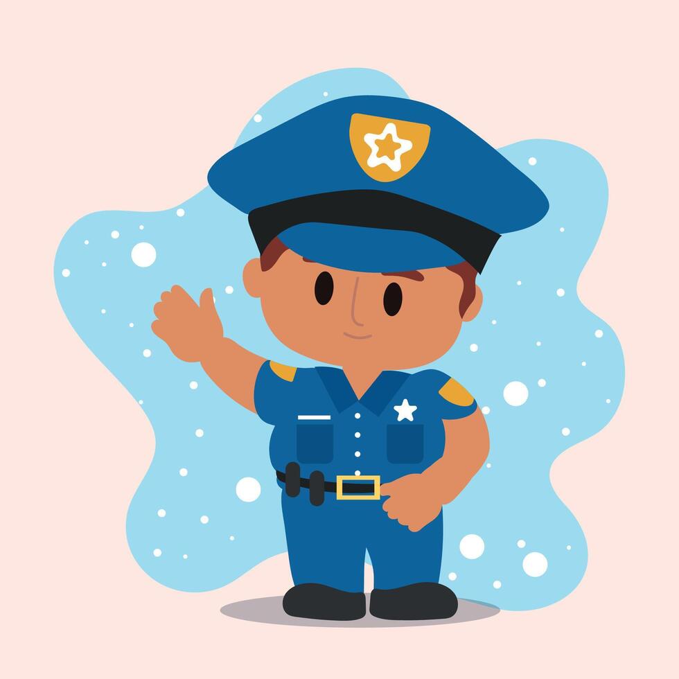 Cartoon police officer in uniform waving and smiling, vector