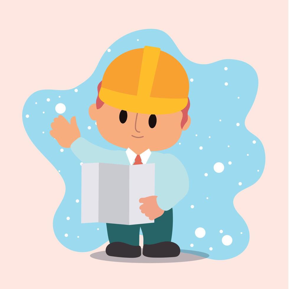 Cartoon architect with blueprint and hard hat waving, vector