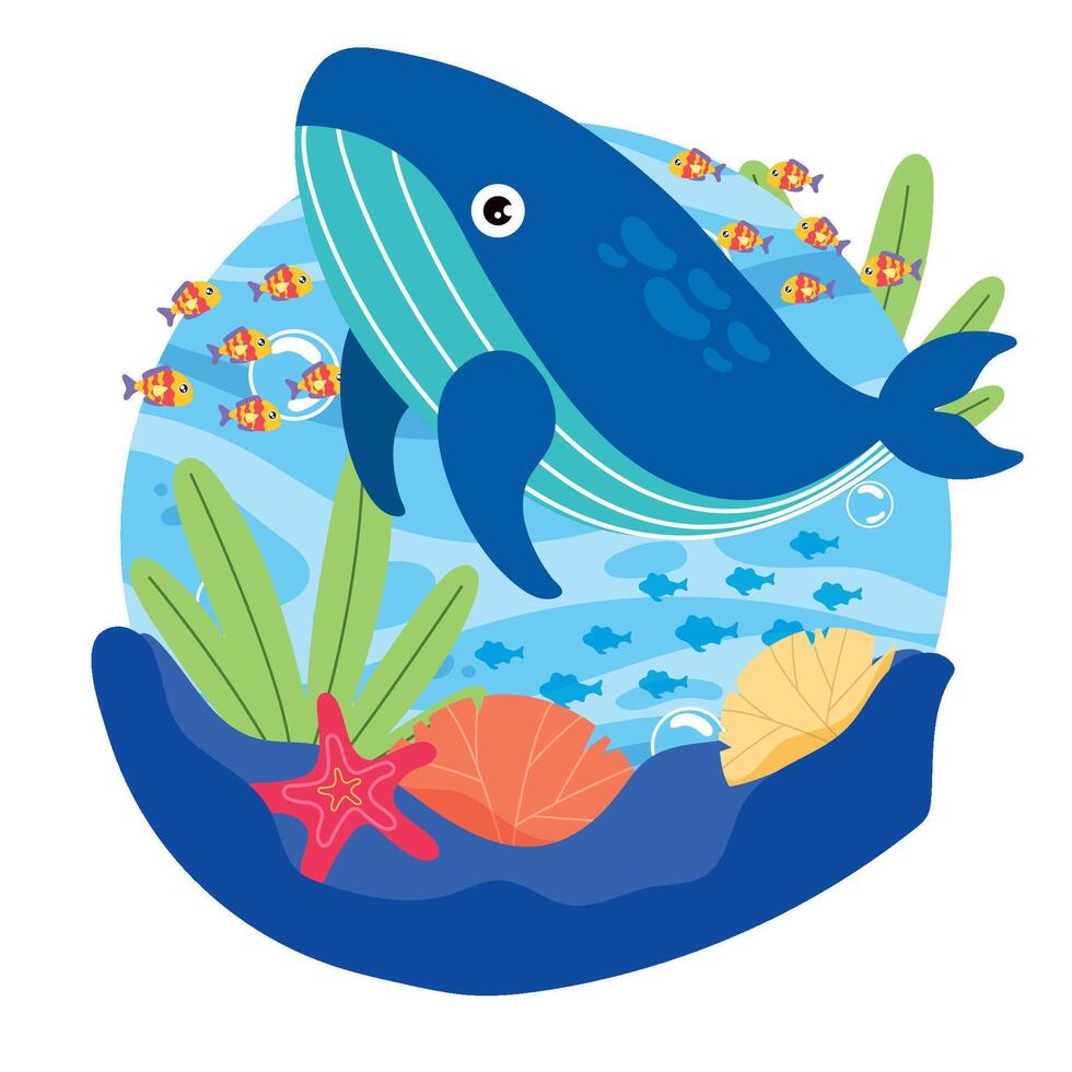 Cute whale with sea creatures in ocean scene vector