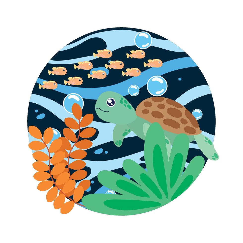 Cute turtle with sea creatures in ocean scene vector