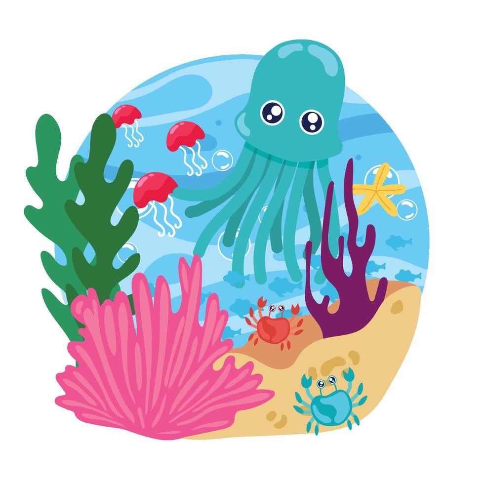 Cute squid with sea creatures in ocean scene vector