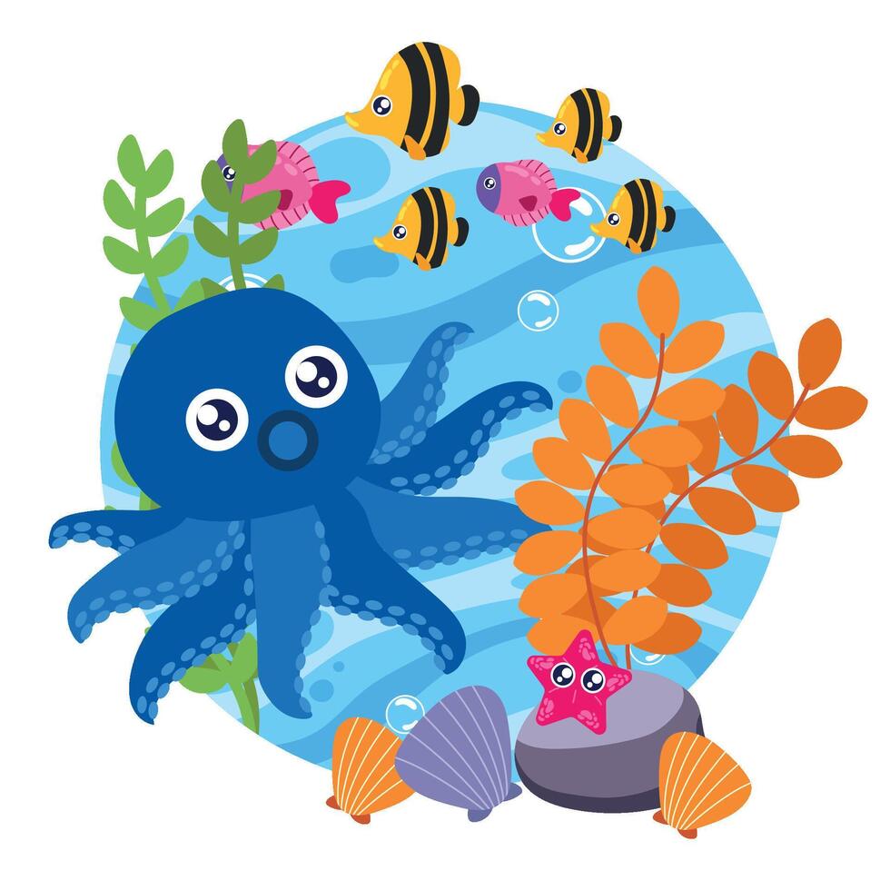 Cute octopus with sea creatures in ocean scene vector