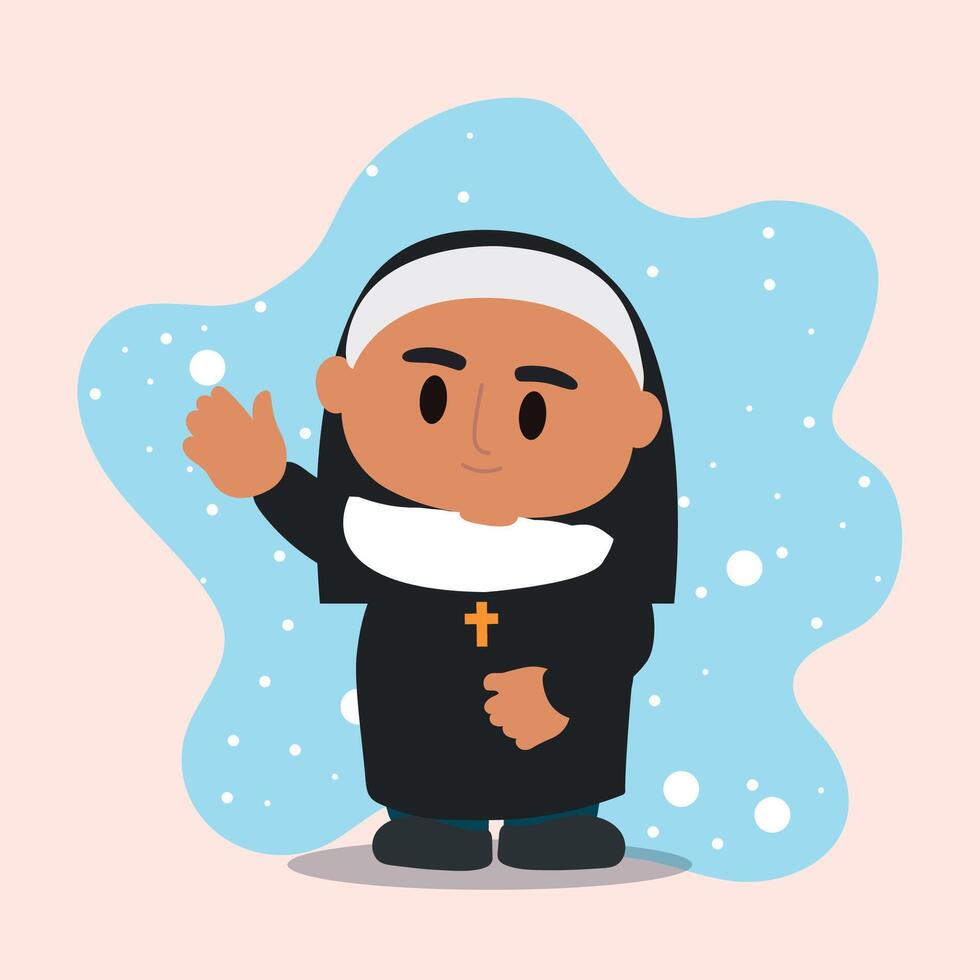 Nun in traditional black habit smiling and waving, vector
