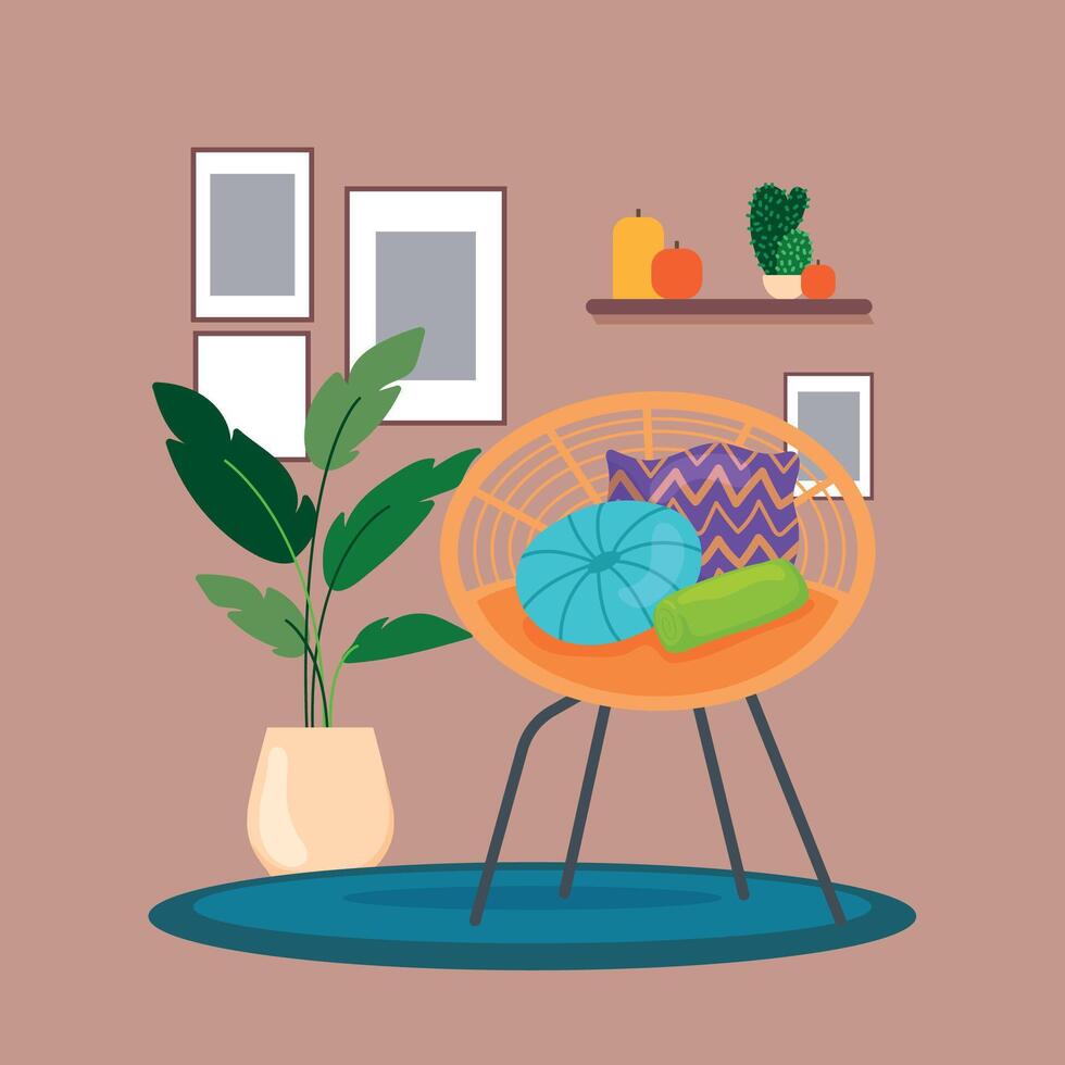 Cozy interior with chair and pillows in modern style vector