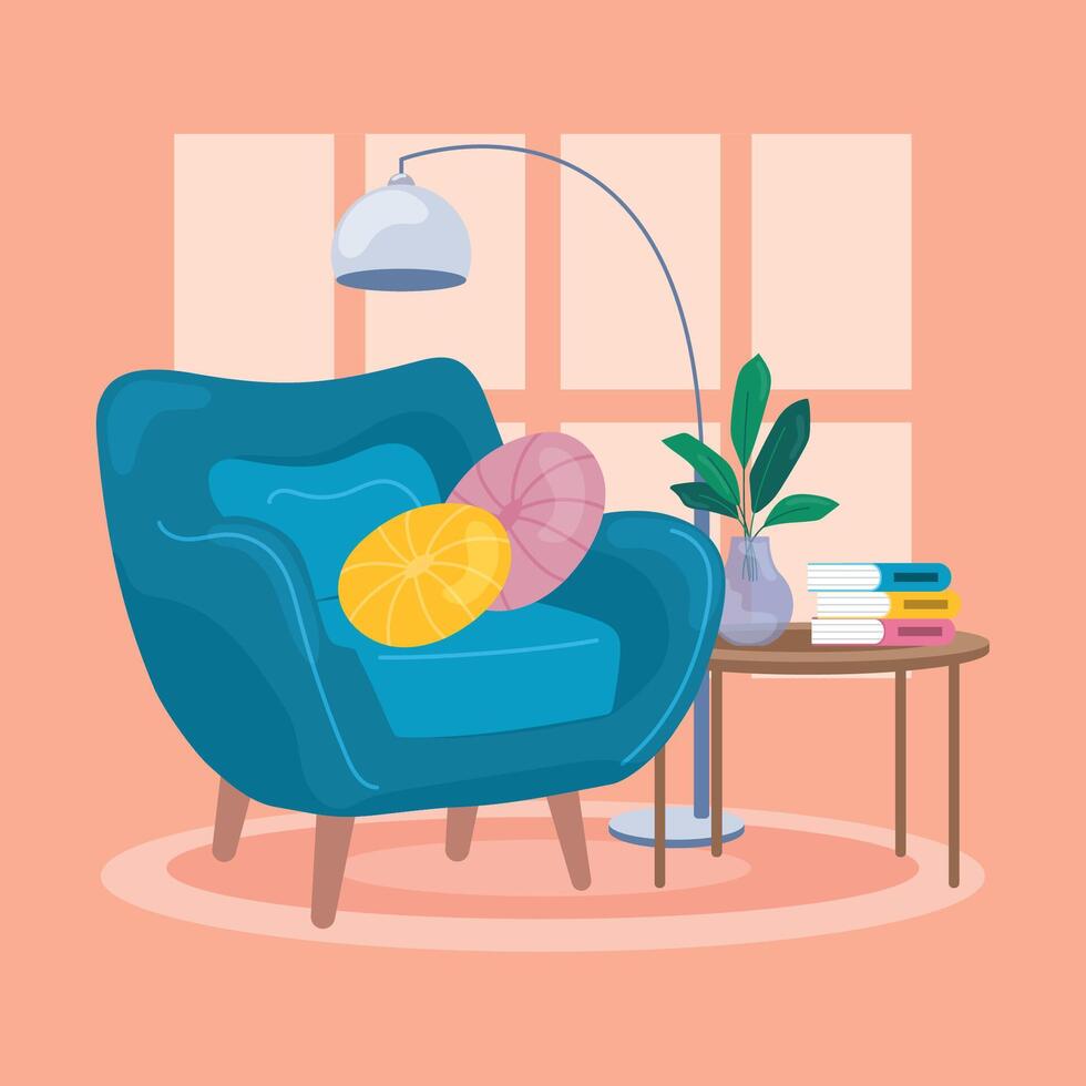 Cozy reading nook with blue armchair and books vector