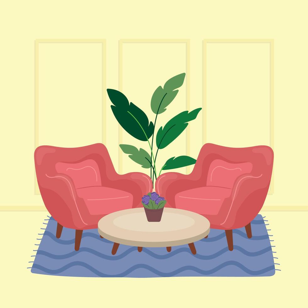 Modern living room with red armchairs and plants vector