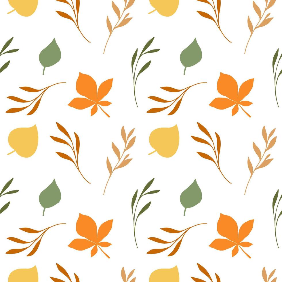 autumn green yellow red seamless pattern of different leaves, rowan berry, oak, chestnut, linden, birch, bright foliage botanical fall illustration, floral design, September, October background vector