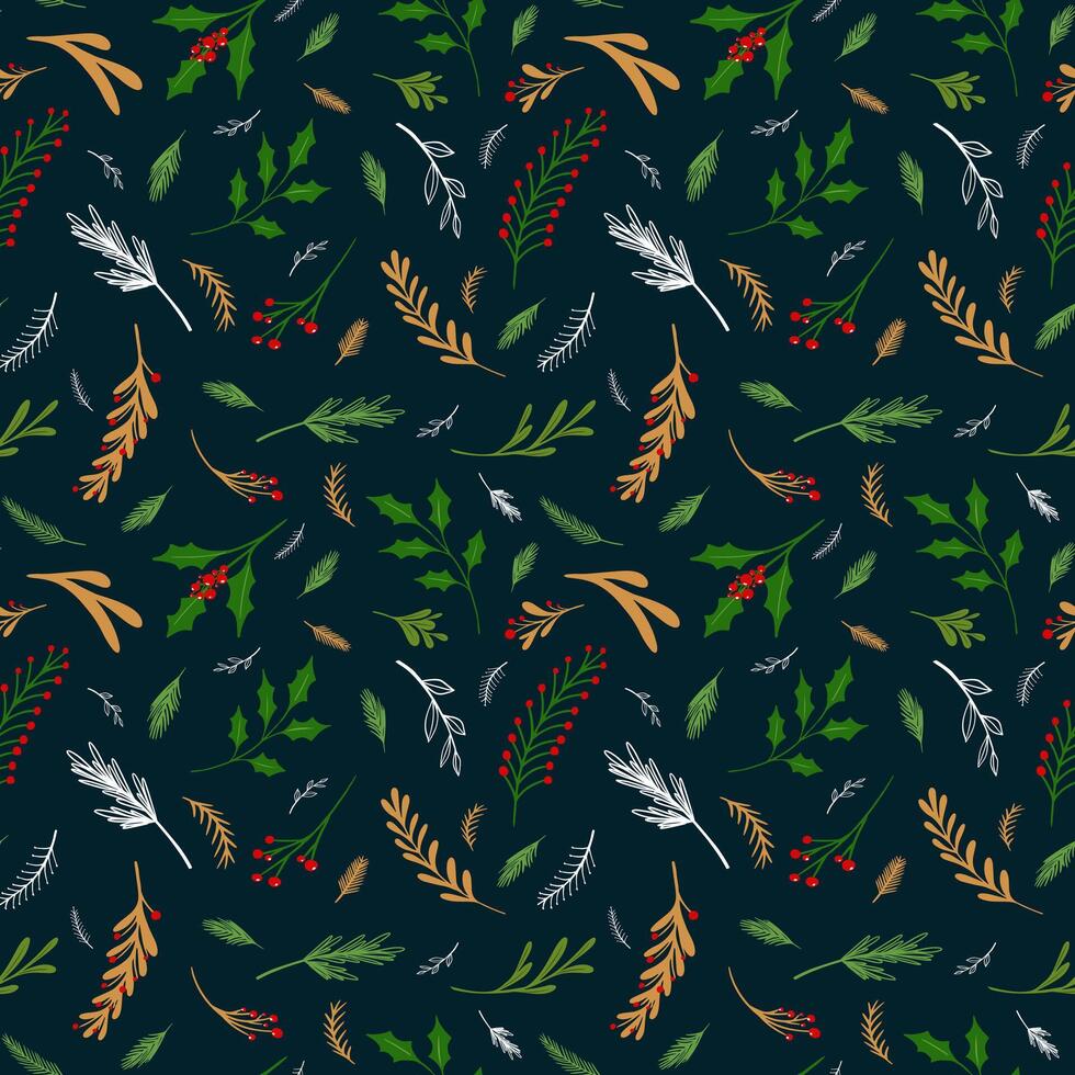 Seamless holly leaf pattern background with red, golden and green colored branches, winter botanical illustration design for textile, wrapping paper. Floral ecological set. vector