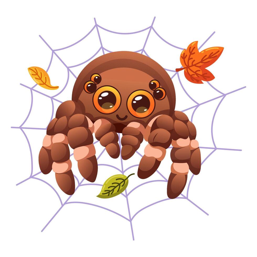 Cute illustration featuring a smiling spider on a web with autumn leaves. Perfect for Halloween designs vector