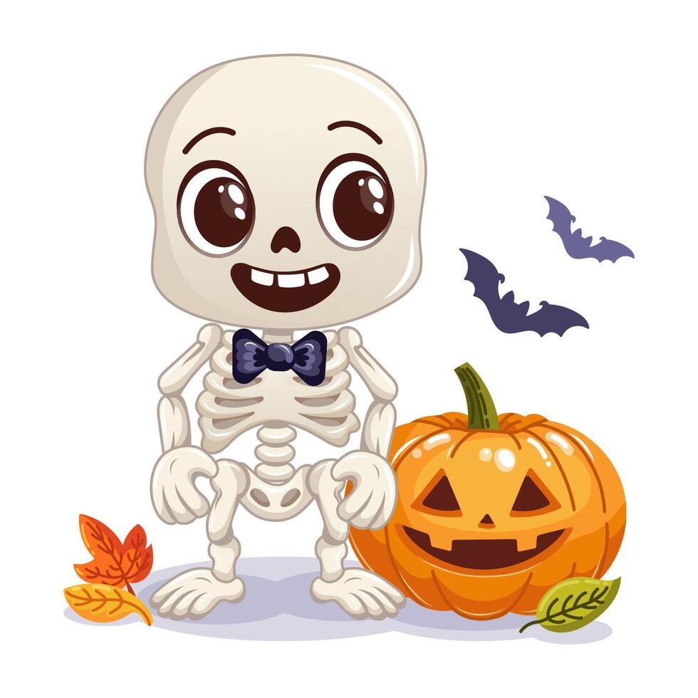 Cute cartoon skeleton with a carved pumpkin and colorful autumn leaves. Fun and playful Halloween illustration vector