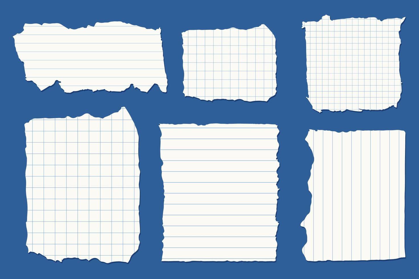 Set of torn paper sheets with different types of lines and grids. Perfect for scrapbooking, digital collages, note-taking designs, or any creative project needing a raw, handmade feel. vector