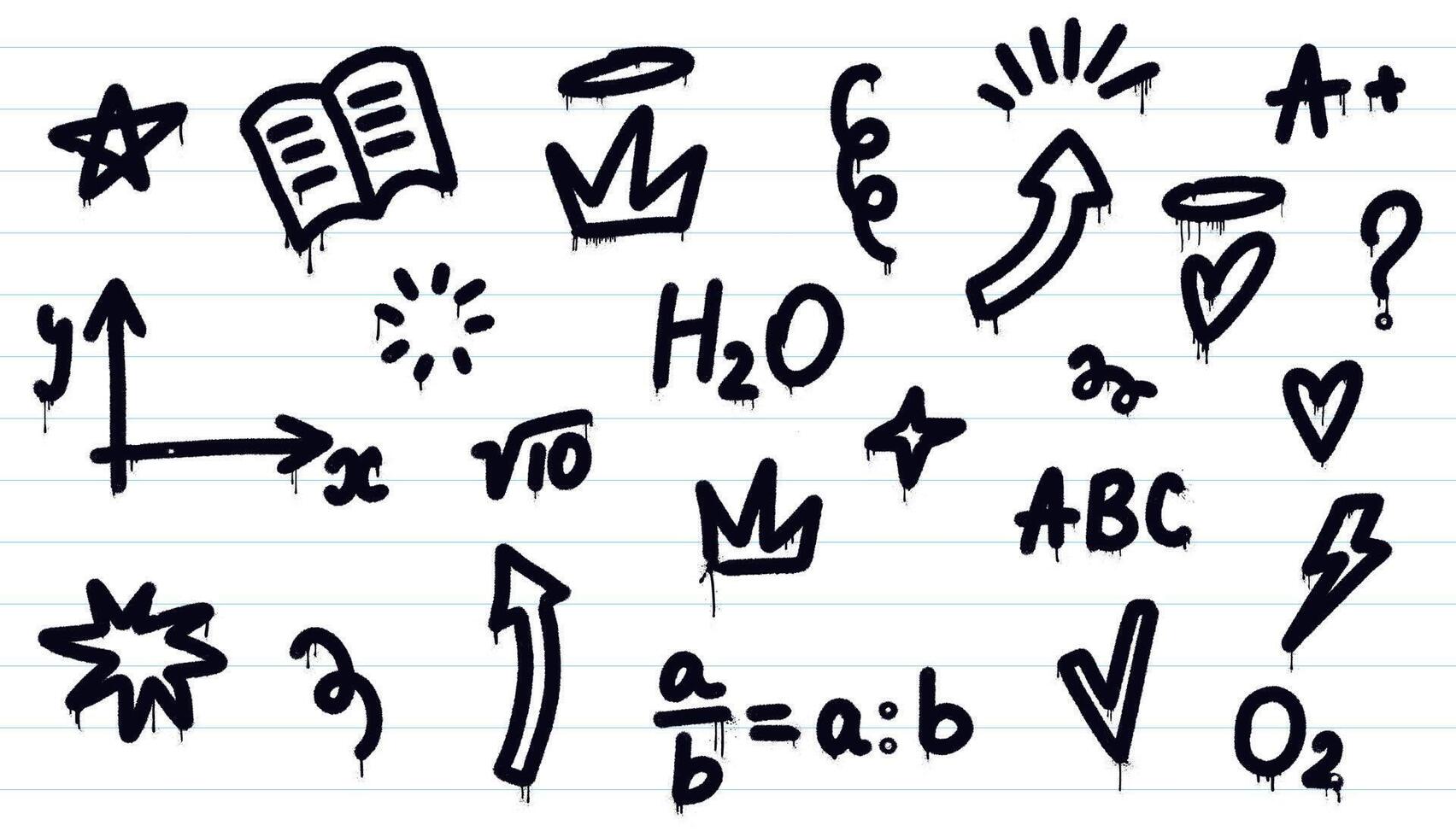 School graffiti set. Trendy Y2K urban street style on a lined notebook paper. Educational symbols. Splash effects and drops. Grunge and spray texture. Perfect for back-to-school and youth branding. vector