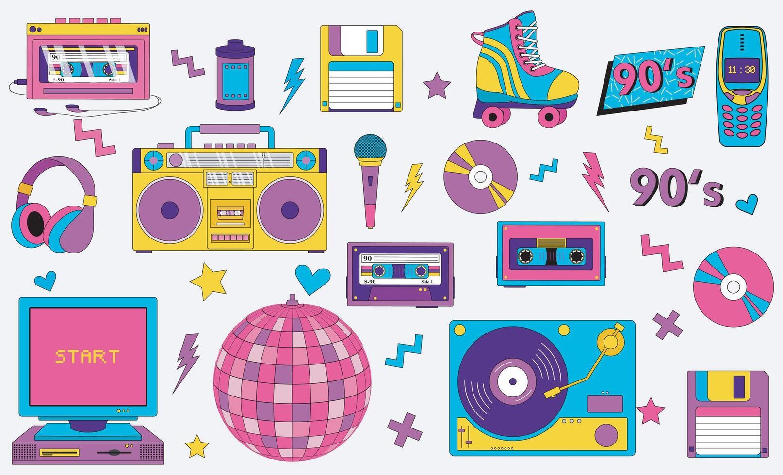 Back in to 90's themed collection. featuring music, tech, fashion, and lifestyle items. Perfect for nostalgic designs or retro inspired projects vector