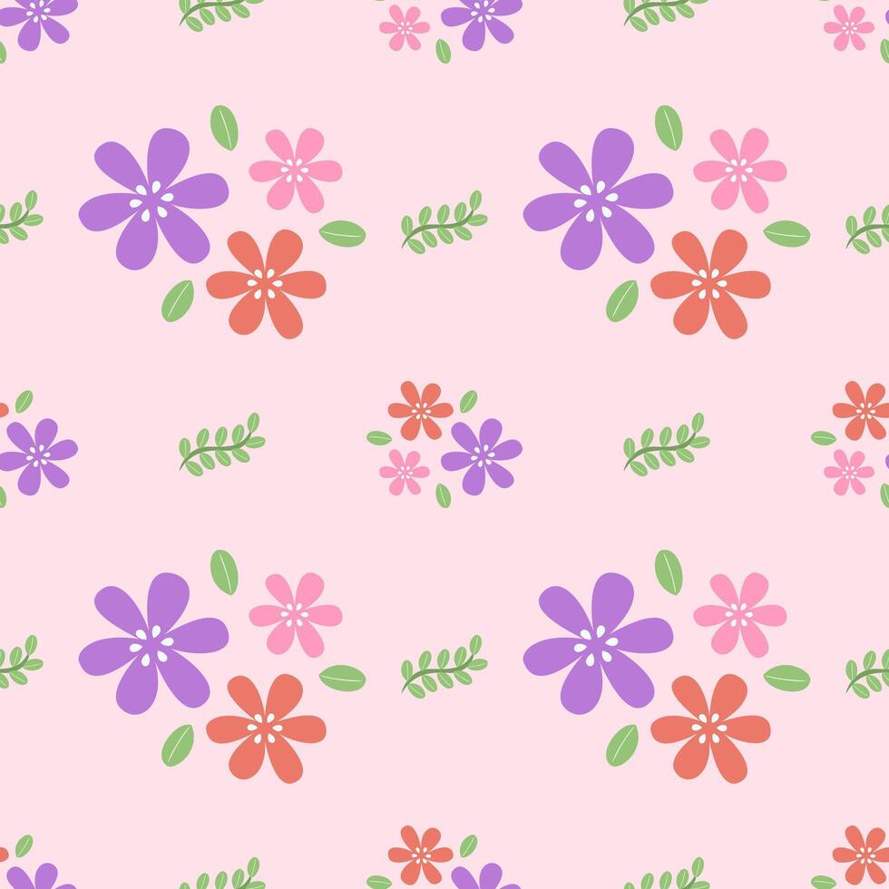 Floral pattern with a soft pink background. The design consists of various stylized flowers in shades of purple, pink, and orange. vector