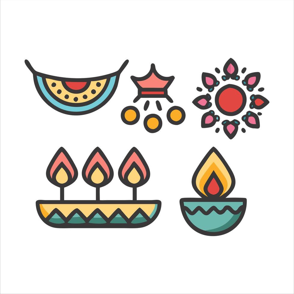 diwali festival icons set with a candle, a flower and a lamp vector