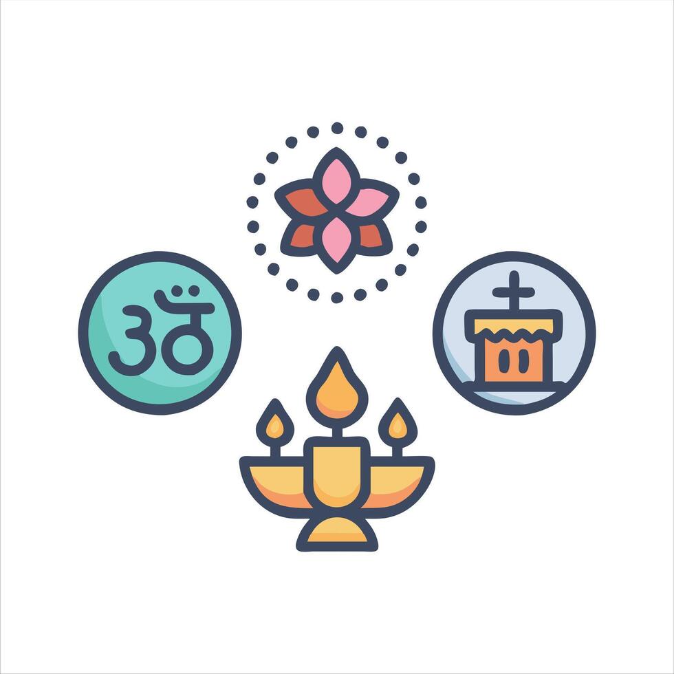 indian festival icons, including a candle, a flower, and a temple vector