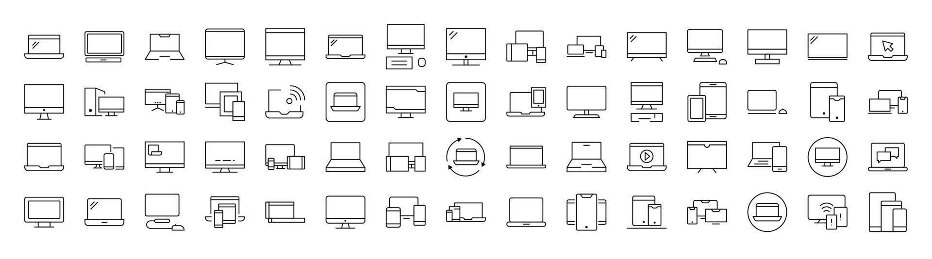 Laptop, Computer, Phone, Tablet Outline Simple Linear Image Collection. Editable Stroke. Suitable for Web Sites, Books, Cards, Apps vector