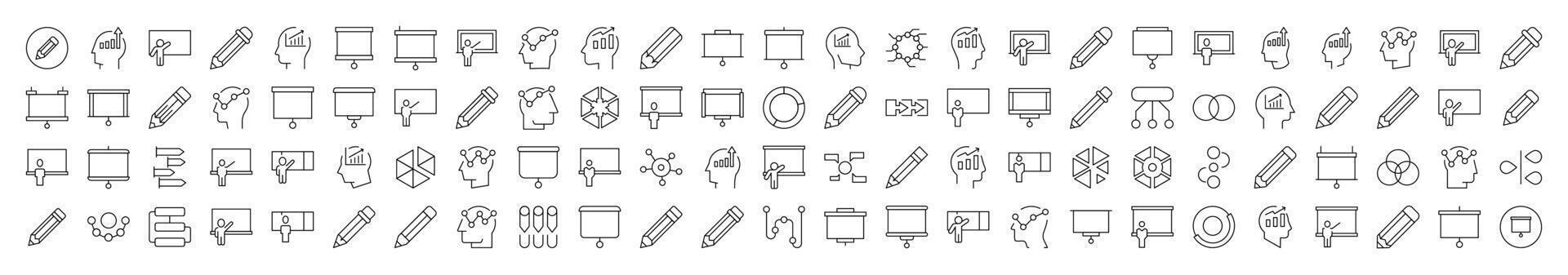 Presentation, Brainstorm, Pencil, Diagram Line Icon Set. Editable Stroke. Minimalistic Linear Pictogram for Design of Cards, Apps, Banners, Posts vector