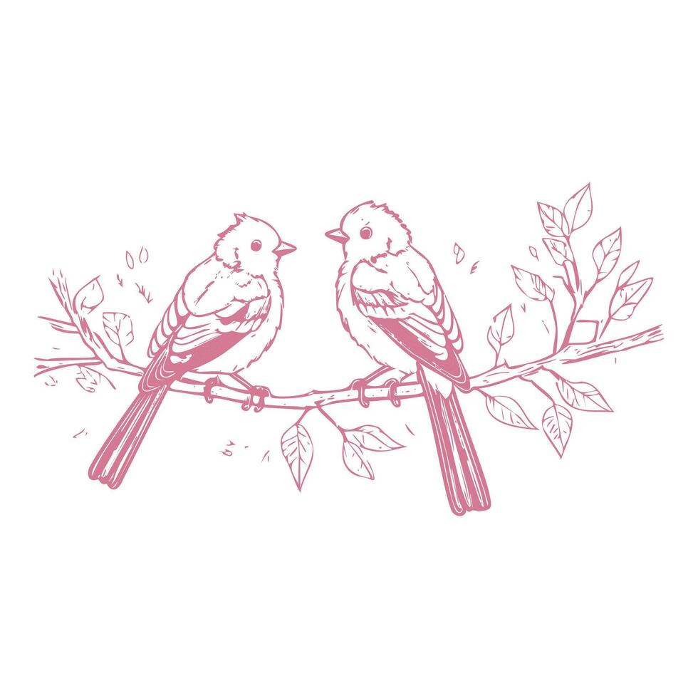 Cute birds on branch. Hand drawn illustration in sketch style. vector