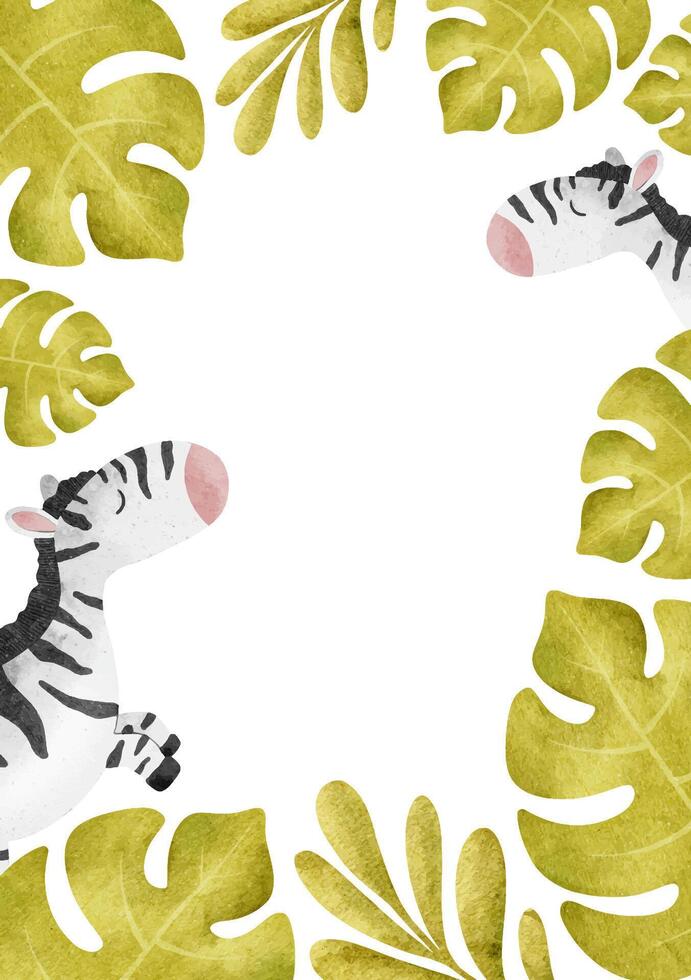 Frame of cute baby zebra and tropical monstera leaves. Funny Layout of Safari. Kid's hand drawn watercolor background. Template for children's invitation cards, baby shower, decoration of kid's room vector