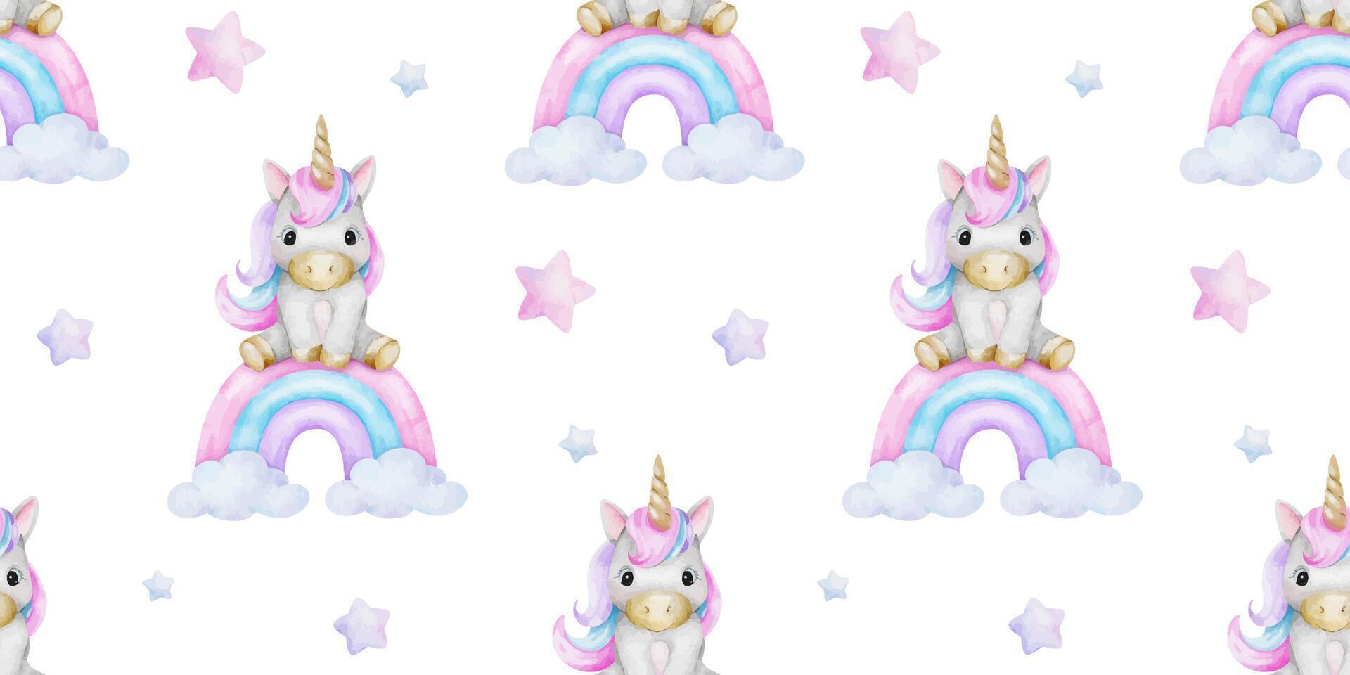 Fairy tale unicorn, Rainbow, stars and clouds. Watercolor nursery seamless pattern. Cute baby background for kid's goods, clothes, textiles, postcards, poster, baby shower and children's room vector