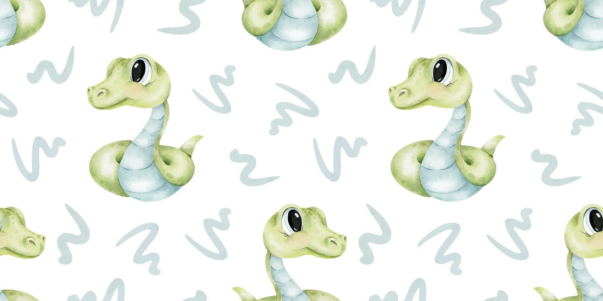 acuarela sin costura modelo de linda verde serpientes mano dibujado impresión de bebé reptil. antecedentes para niño bienes, textiles, tela, álbum de recortes, oficina suministros vector