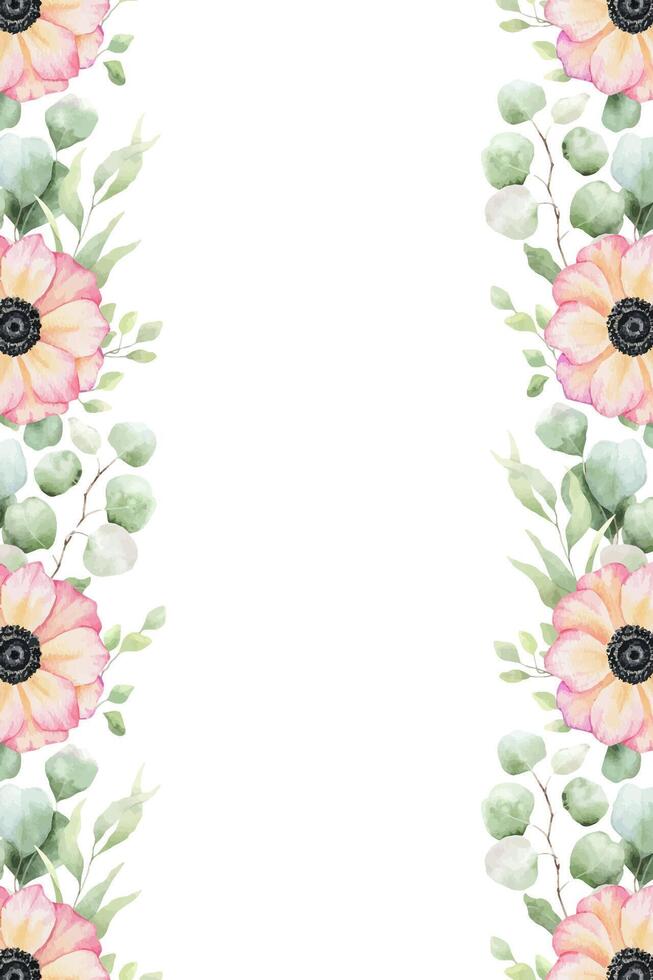 Anemone flowers and eucalyptus leaves. Isolated hand drawn watercolor frame of pink poppies. Summer floral template for wedding invitation, cards, packaging of goods vector