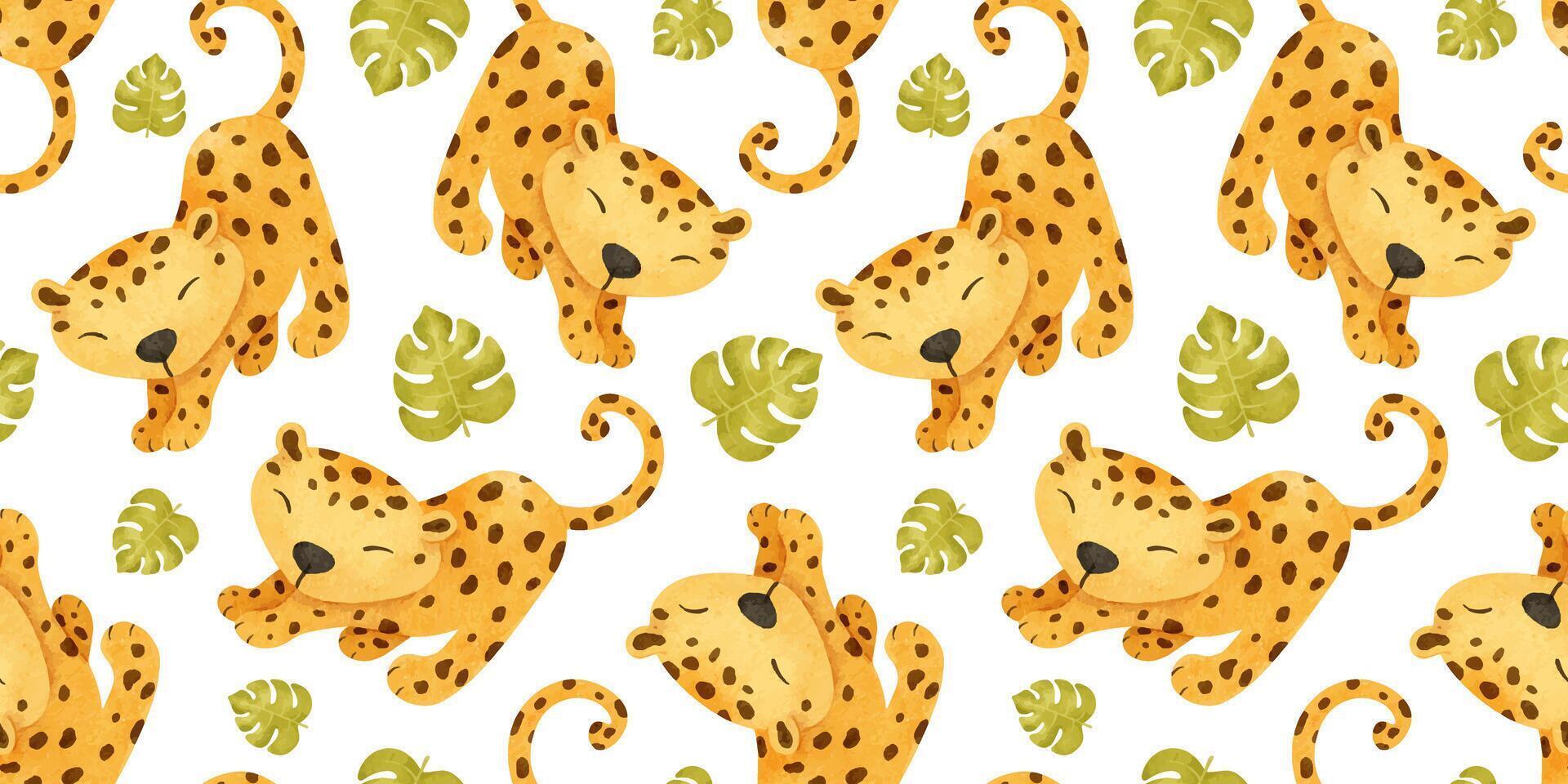 African leopard, tropical monstera leaves. Watercolor Baby seamless pattern of jungle animal. Background with cheetah for design kid's clothes, fabric, wallpaper, office supplies vector
