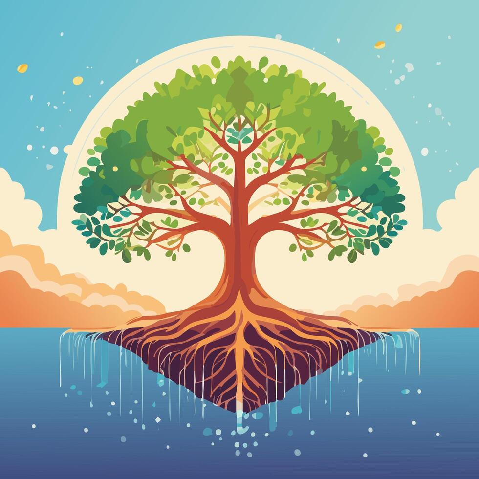 Beautiful tree with roots reaching water and branches reaching sky illustration. vector