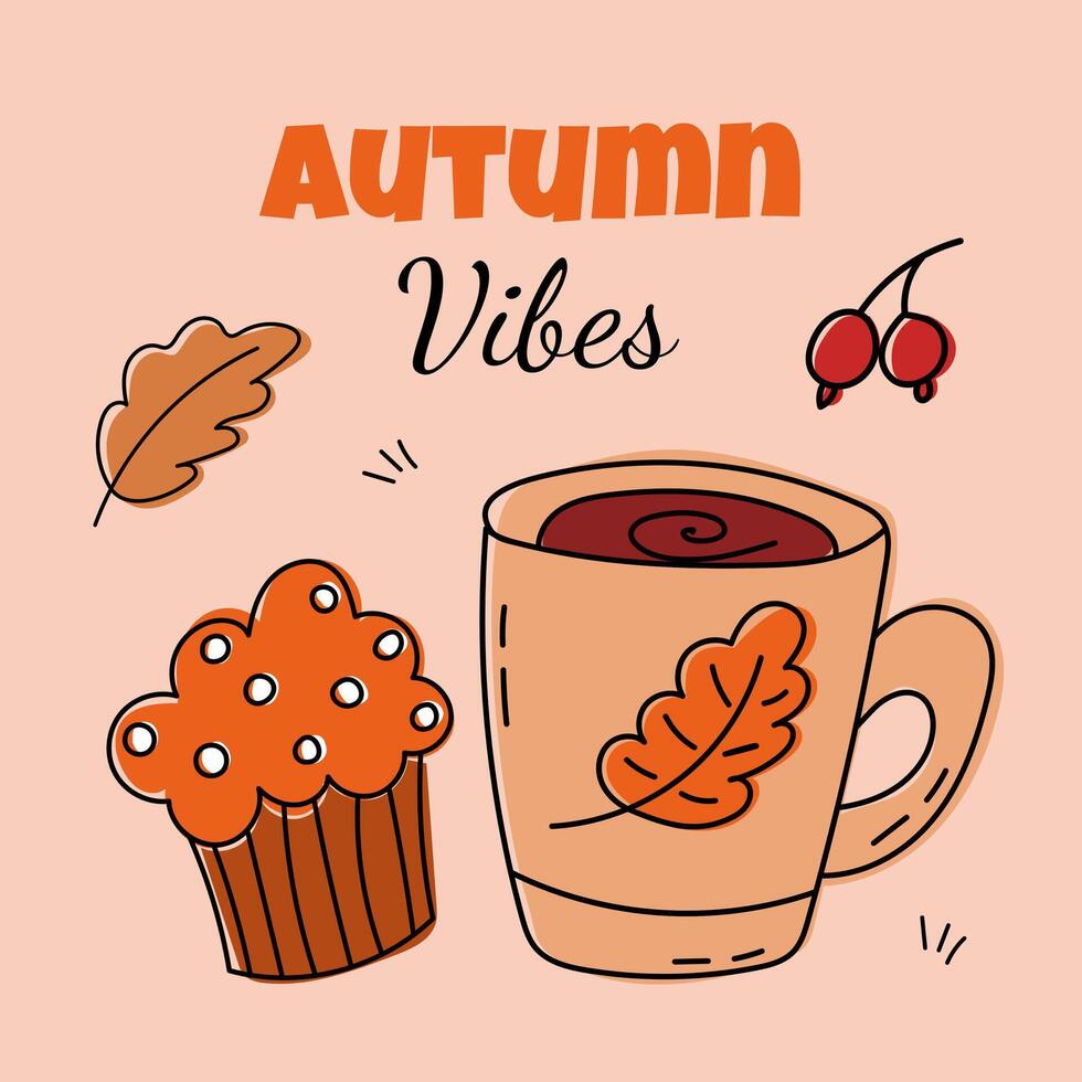 Embrace the Cozy Autumn Vibes with a Delicious Muffin and a Warm, Comforting Hot Beverage vector