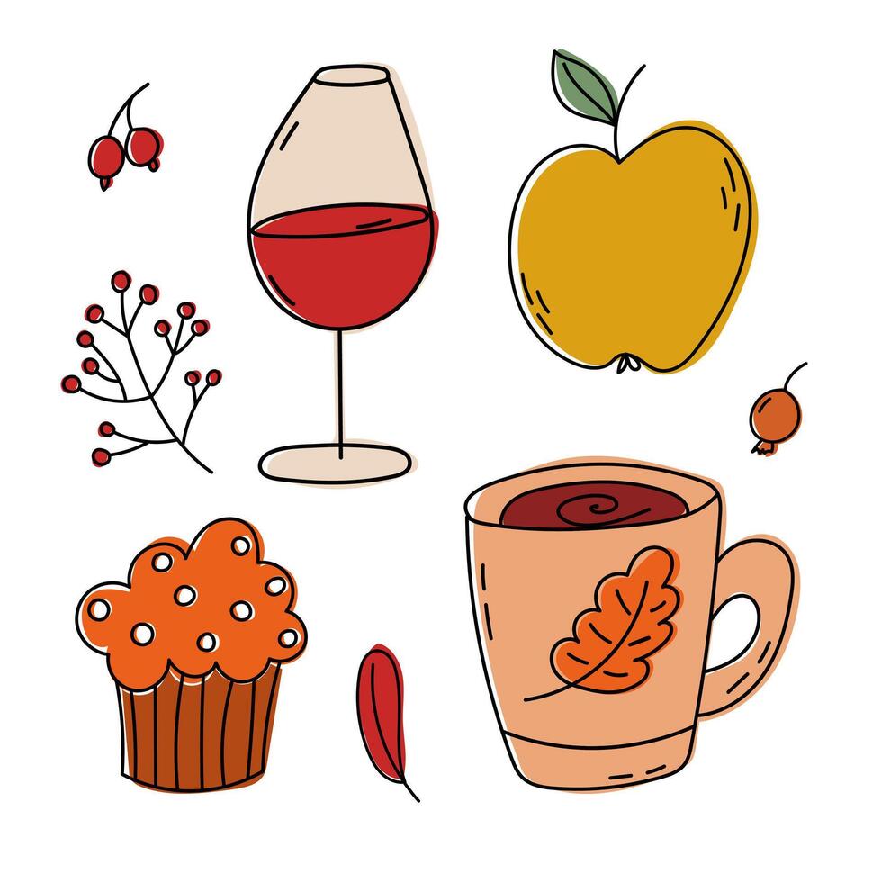 Autumn Delights Enjoying Wine, Fresh Apples, Delicious Cupcakes, and a Cozy Beverage vector