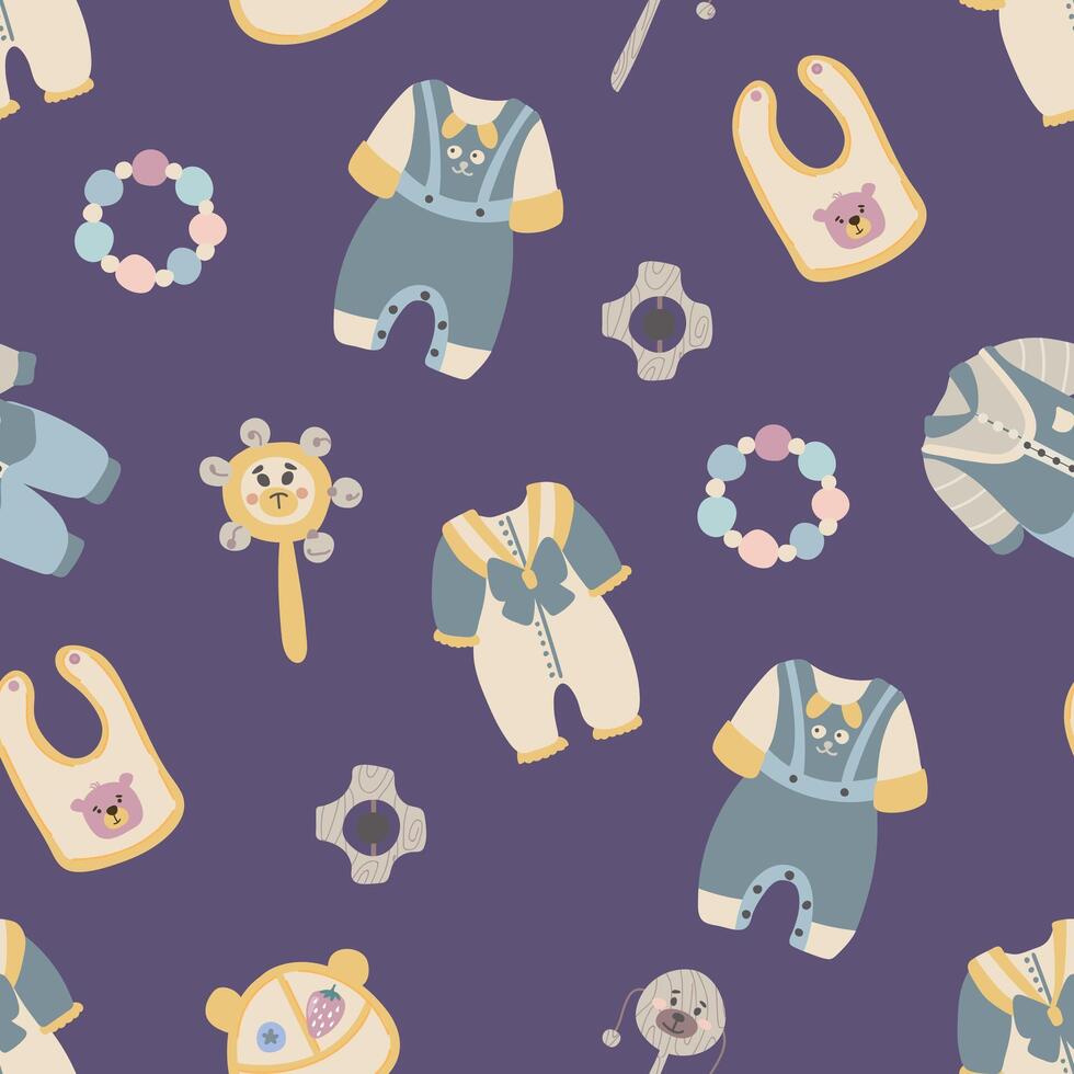 Seamless pattern with children's clothing, toys. Design for fabric, textiles, wallpaper, packaging vector