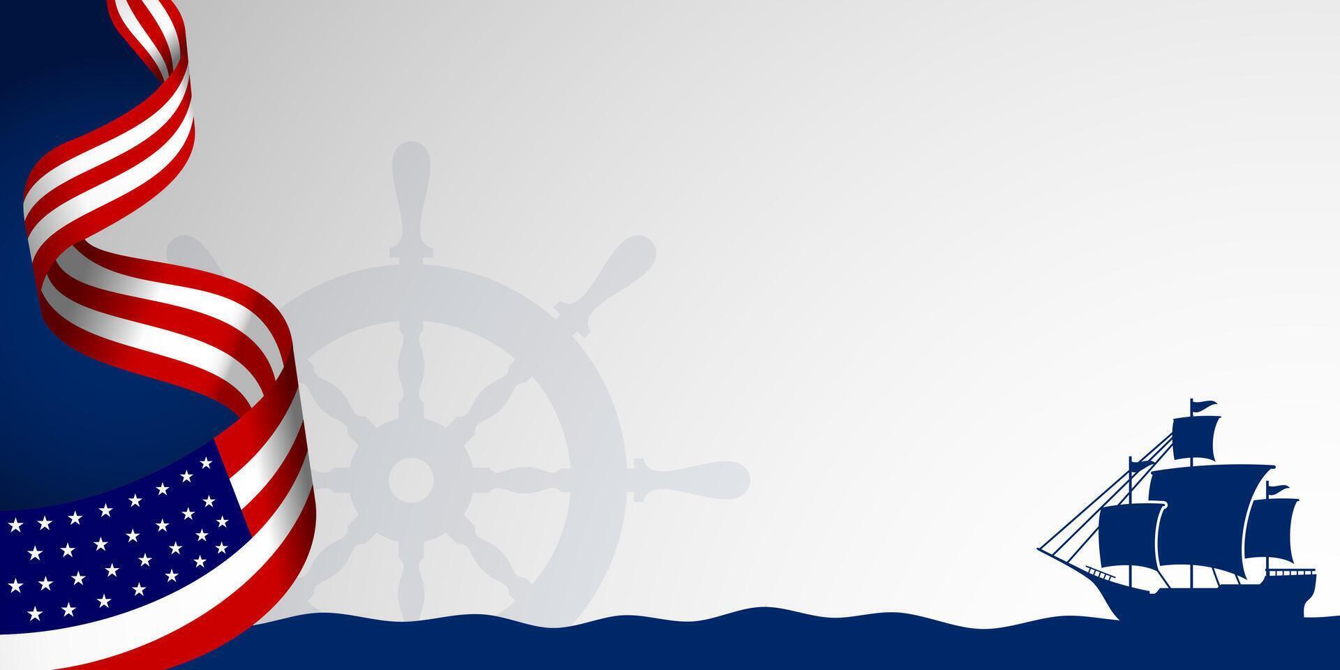 Columbus Day copy space Background Celebration with America flag and Columbus ship silhouette vector