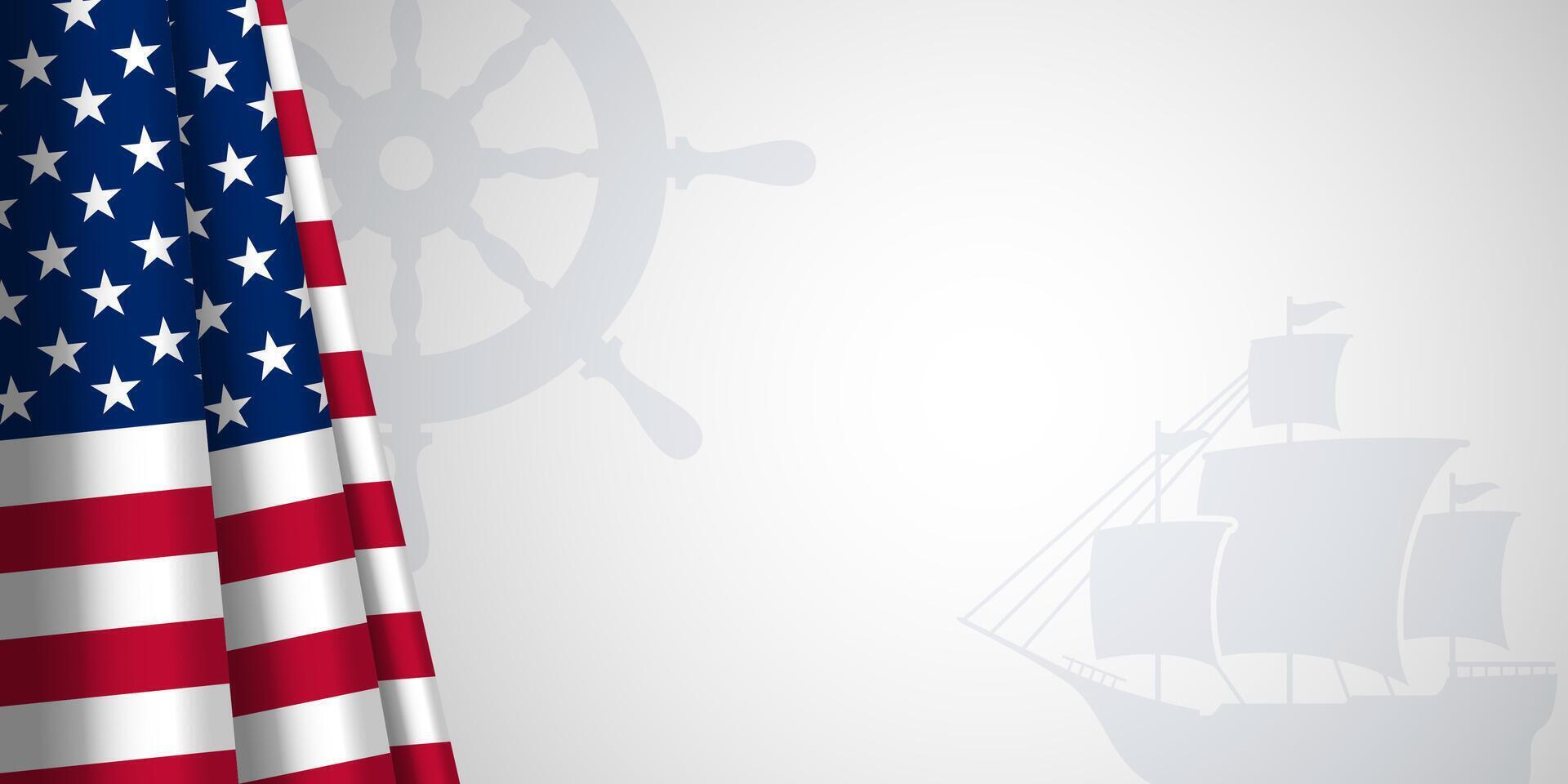 Columbus Day Background with Silhouette of Ship, USA flag and Copy Space Area vector