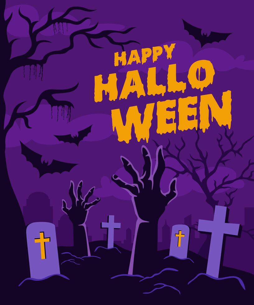 Halloween banner background with scary elements, zombie hands, tombstones in graveyard landscape vector