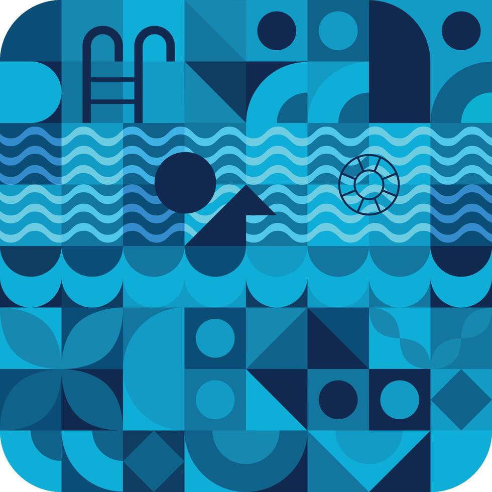 a blue and white abstract design with a swimming pool and a wave vector