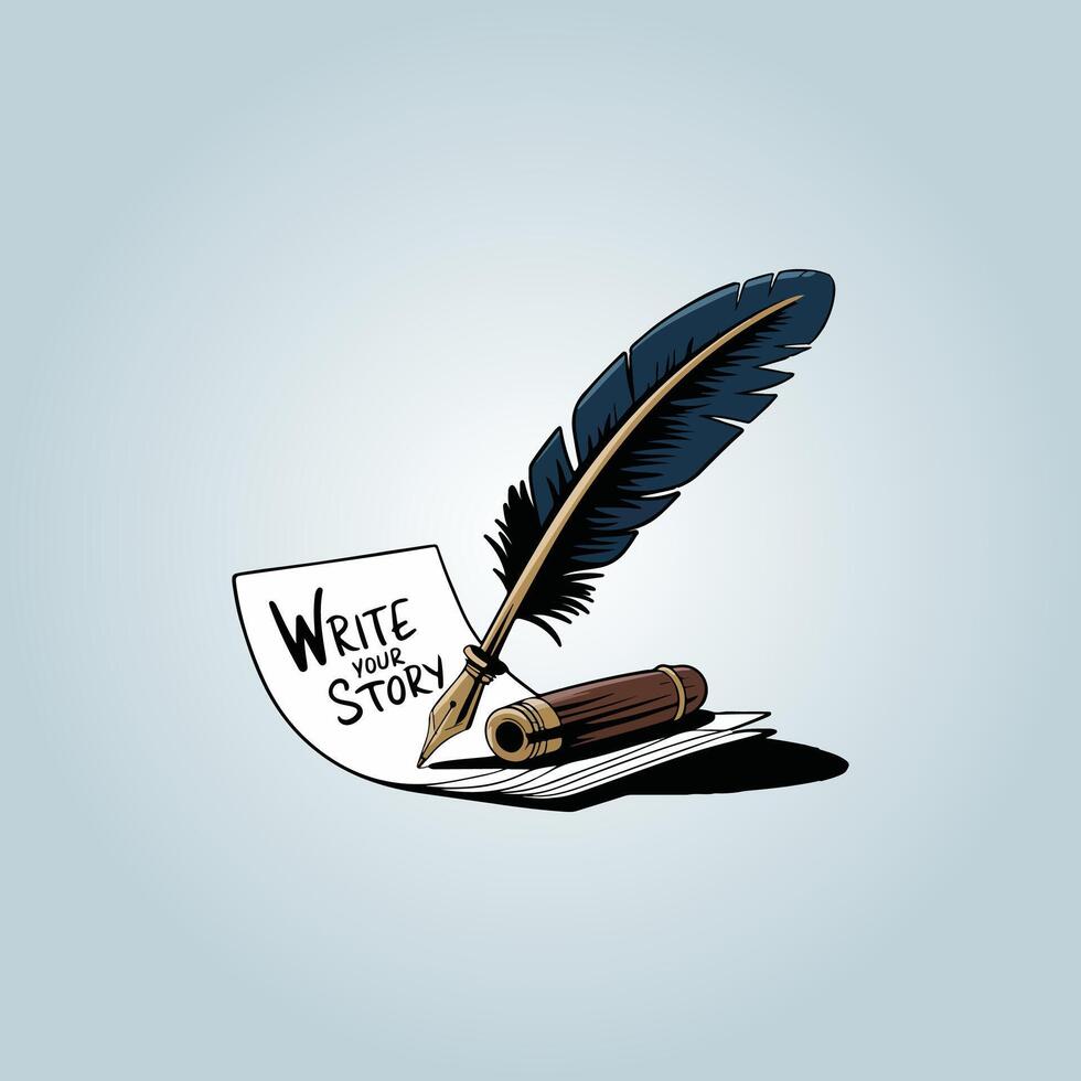 a pen and a feather are on top of a piece of paper with the words write story vector