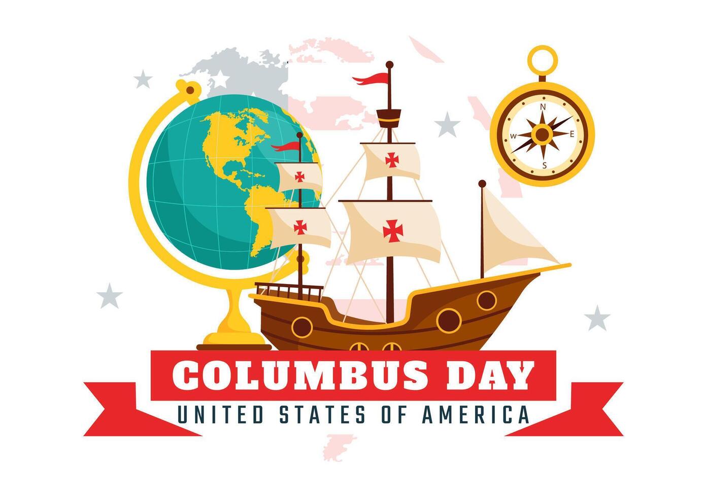 National Columbus Day Design with Flag and Ship in Flat Cartoon Art vector
